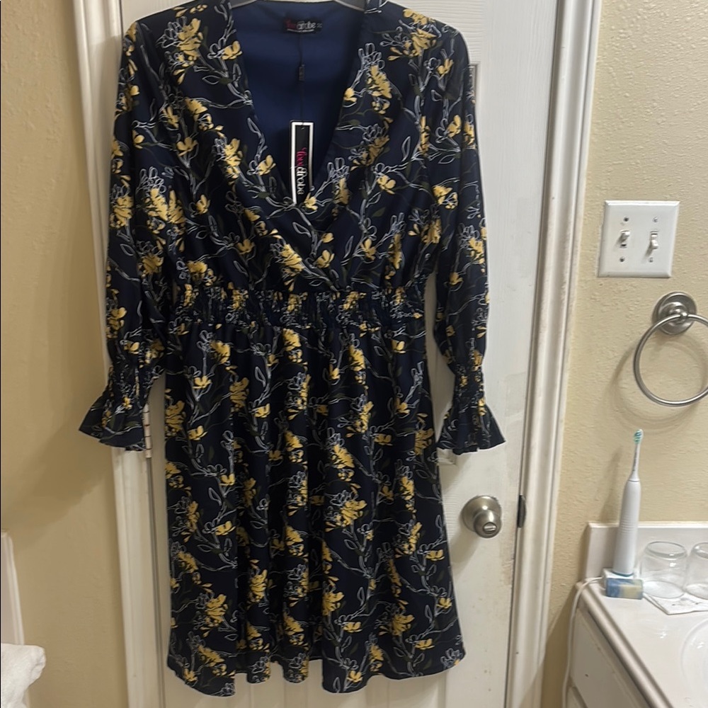 Lovedrobe fully lined Blue and Gold Ruffled Wrap Sundress with long sleeves. NWT